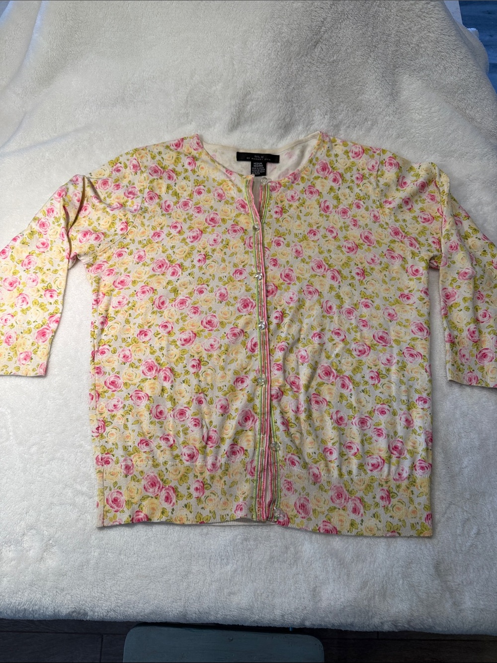 Silx by August Silk Floral Pink and Yellow button Cardigan